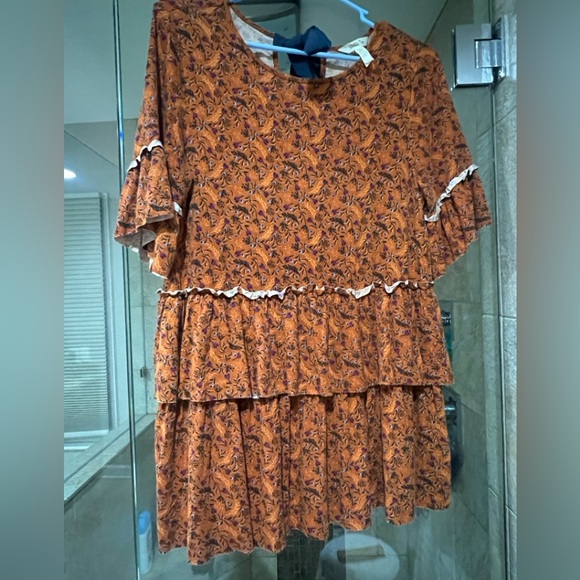 Matilda Jane L Women’s Peasant Blouse Orange With Blue Tie and Ruffle - Picture 2 of 3